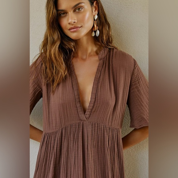 Anthropologie Kallie Flowy Maxi Dress Brown Crinkled Cotton Gauze Empire Waist - Picture 7 of 16